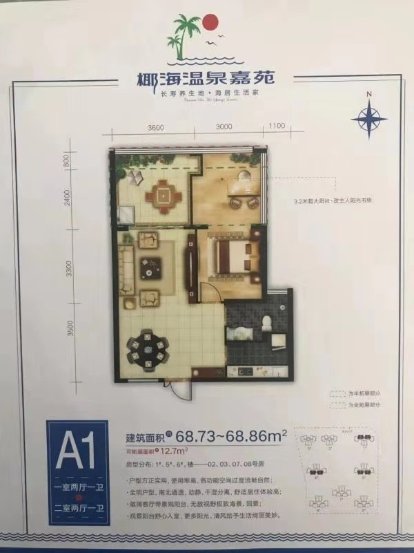 椰海溫泉嘉苑二期A1戶型一室兩廳一衛—兩室兩廳一衛   64.73-68.86