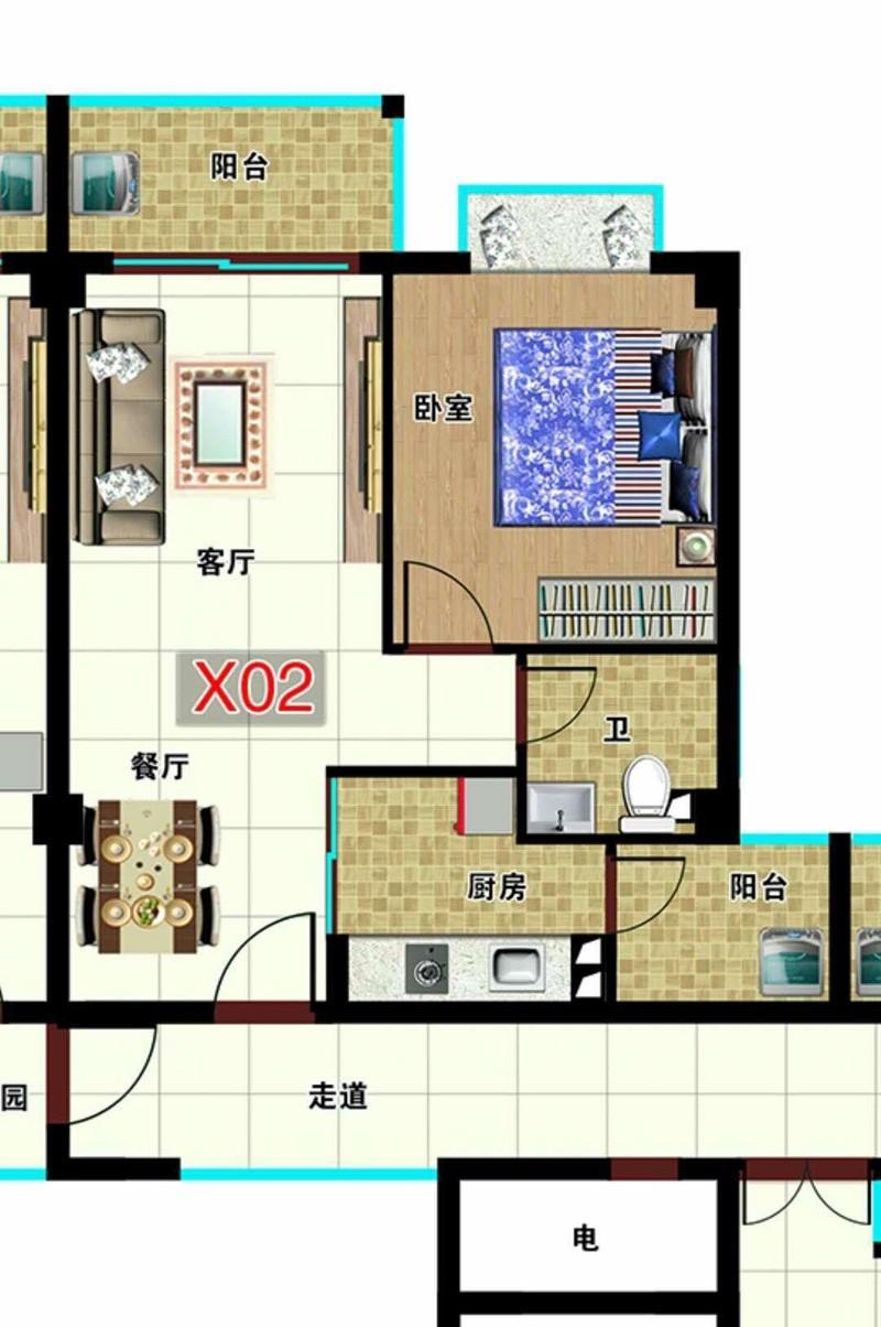 X02戶型圖 1室2廳1廚1衛2陽臺